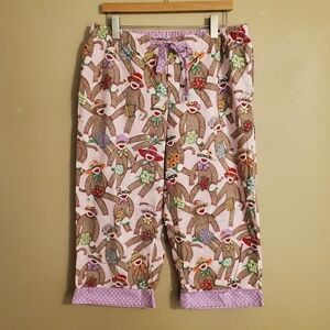 NICK & NORA Sock Monkey Floral Cotton Capri Drawstring Pajama Pants Women's SZ L